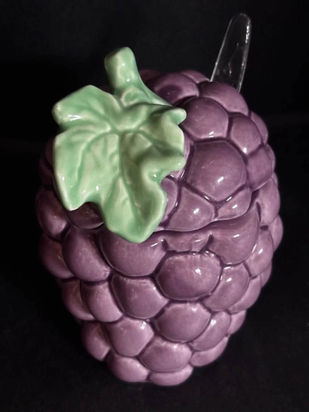 Ceramic Purple Grape Jam Sugar Jar With Lid Spoon Green Leaf Accent Vintage 80s